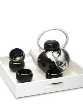 现代新中式酒店售楼处茶具组合实木黑白色托盘家居软装工艺品摆件