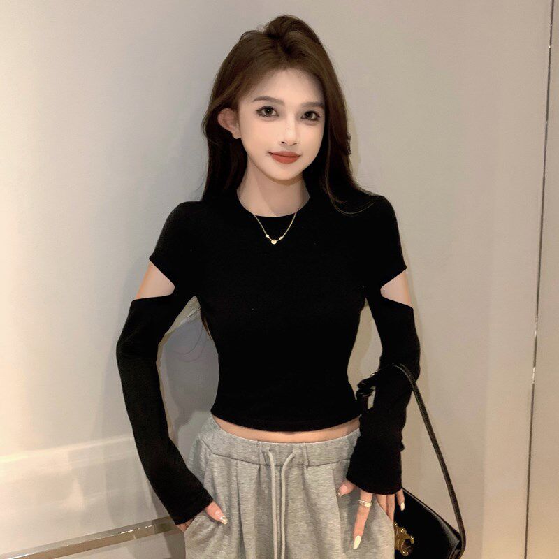 螺纹半高领打g底衫女春秋内搭针织短款长袖t恤破洞紧身上衣ins