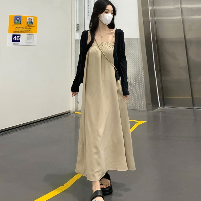 大码女装夏季2025新款胖MM欧货洋气遮肚吊带裙黑色开衫两件套装女