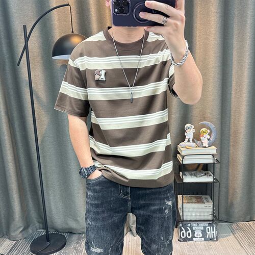 潮牌宽松条纹短袖t恤衫男士夏季新款高端男装纯棉休闲半袖上衣潮