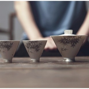 |霁斋|《墨彩竹逸》猪油白斗笠茶杯 鎏银 釉下彩 手绘 品茗杯盖碗