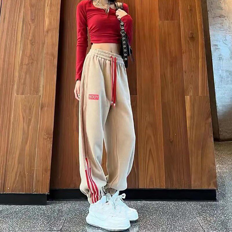 运动裤女2024春秋装竖条纹撞色抽绳束脚卫裤P休闲宽松高腰加绒裤