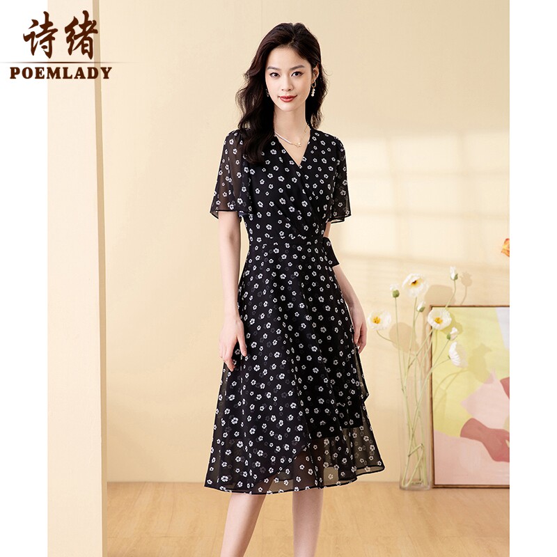 现货诗绪法式茶歇黑色雪纺连衣裙女2023I新款夏季复古减龄碎花裙6