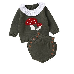 春秋冬女童毛衣套装宝宝可爱荷叶翻领蘑菇针织上衣+毛线三角短裤