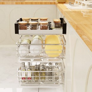 加深47橱柜厨房碗碟拉篮304不锈钢抽屉碗架小拉篮400柜体450阻尼