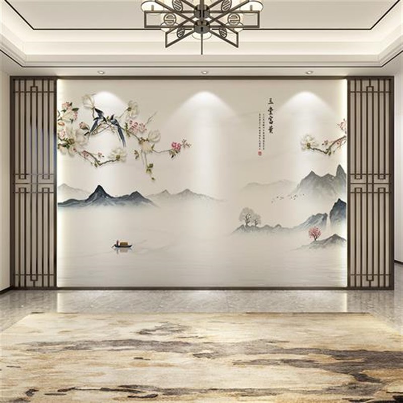 新款新中式花鸟壁布电视背景墙壁画客厅沙发影视墙纸墙布卧室壁纸