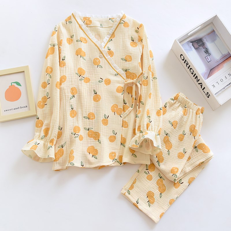 新款和服睡衣女春秋纱布双层绉布夏季I薄款长袖日系家居服套装