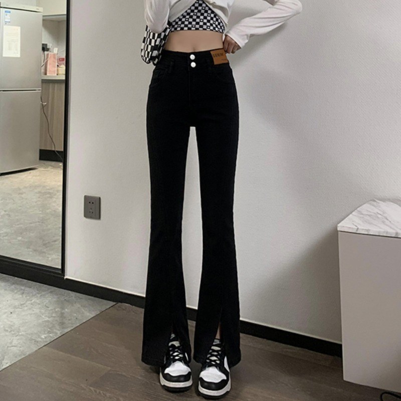 黑色仿牛仔微喇裤女夏秋薄款显瘦开叉喇叭裤高腰弹力垂.感拖地长