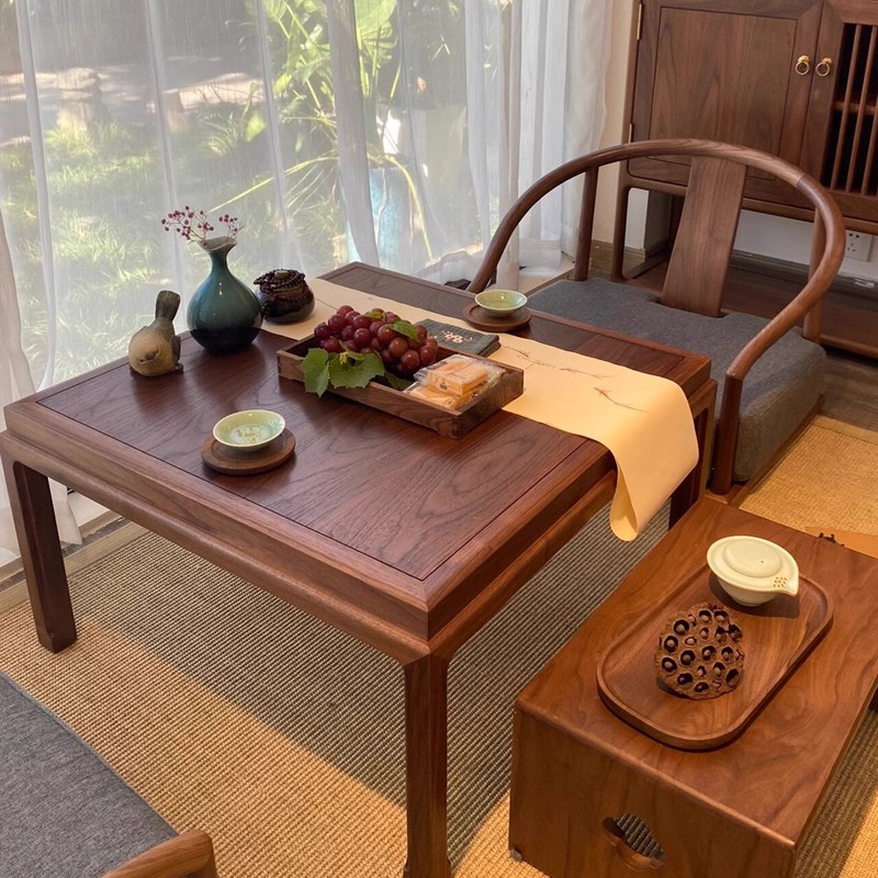 新中式榻榻米茶桌禅意北美黑胡桃木家用日式阳台飘窗茶桌小矮茶台
