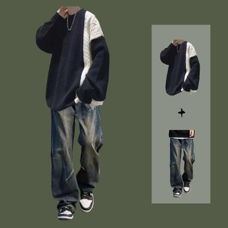 慵懒风毛衣男春秋季休闲套装一套搭配牛仔裤男装针织衫潮流两件套,男装,时尚套装,淘宝优惠券,粉丝福利购,淘宝优惠卷