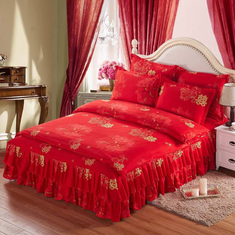 大红色婚庆结婚四件套床上用品1.5m18米床裙被套枕套X新婚公主风