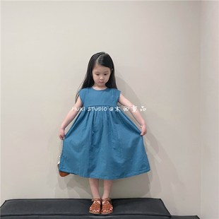 木西童品2024夏韩版q女童蓝色棉麻长裙女宝宝森系娃娃裙公主连衣