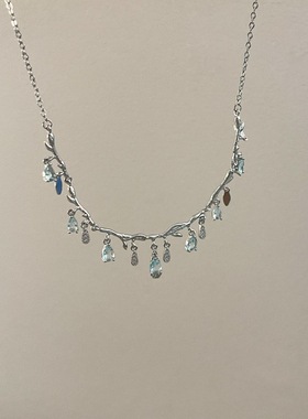 千亿少女#蓝色锆石水晶水滴吊坠流苏项链超仙温柔优雅锁骨链女潮