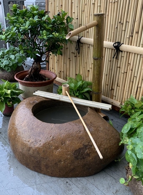 日式庭院流水景i观石钵竹子摆件鹅卵石盆水槽水钵小景石槽室外装