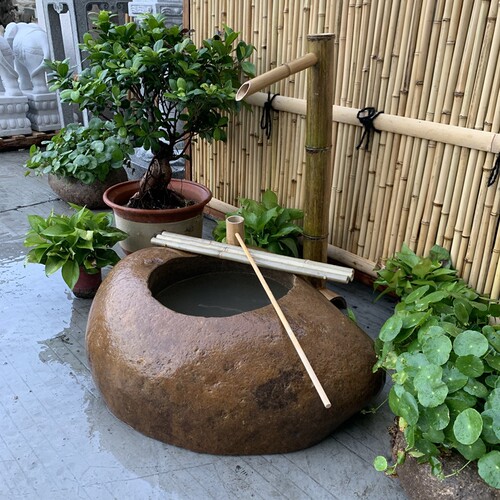 日式庭院流水景i观石钵竹子摆件鹅卵石盆水槽水钵小景石槽室外装