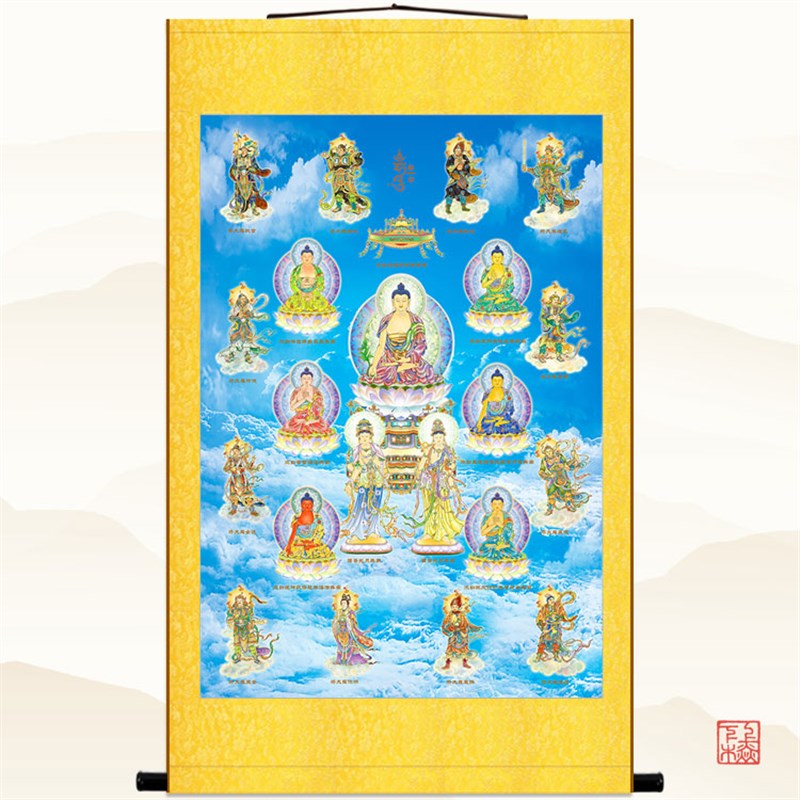 药师佛全家福画像 日光菩萨药师七佛十二药叉大将卷轴挂画佛像画图片