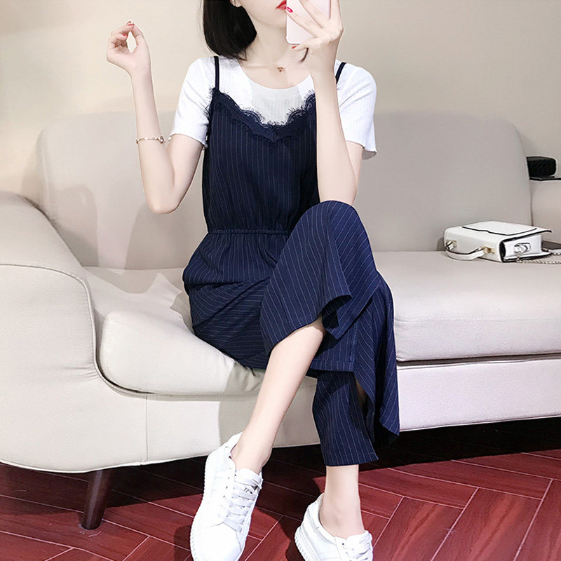 阔腿裤套装女夏季薄款2022新款背带裤白色短袖t恤大码休闲两件套