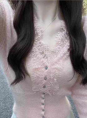 粉色v领蕾丝针织衫女秋季2024年新款修身毛衣内搭短款打底衫上衣