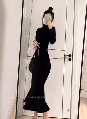 赫本风法式黑色针织连衣裙女秋冬修身高级感显瘦内搭打底鱼尾长裙