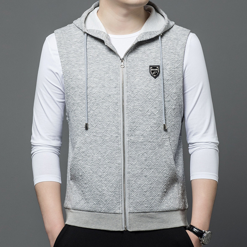 男士连帽背心背心2023春秋季薄款无袖卫衣提花马夹坎肩开衫外套潮,男装,常规马甲,淘宝优惠券,粉丝福利购,淘宝优惠卷