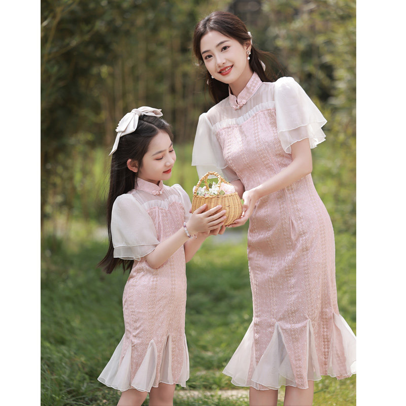 新品亲子旗袍母女装夏o季民族风改良时尚洋派鱼尾洋装女童汉服唐
