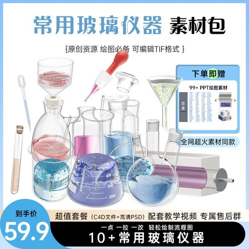 科研绘图常用玻璃仪器素材 烧杯烧瓶锥形瓶试剂瓶漏斗滴管 科研社
