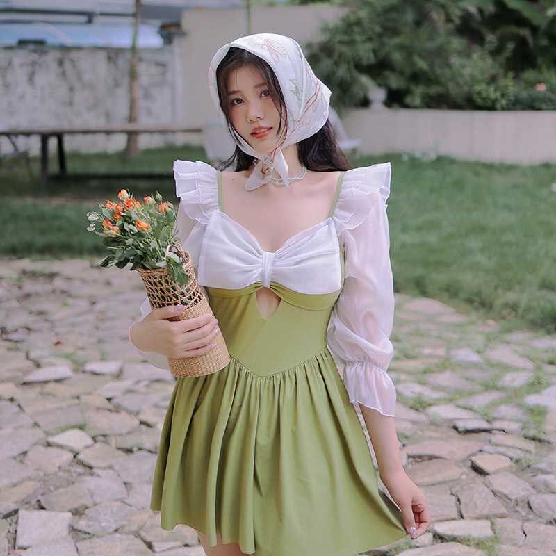 2022夏季新款胖妹大码裙式连体平角裤遮肚显瘦雪纺纱袖仙女范泳衣