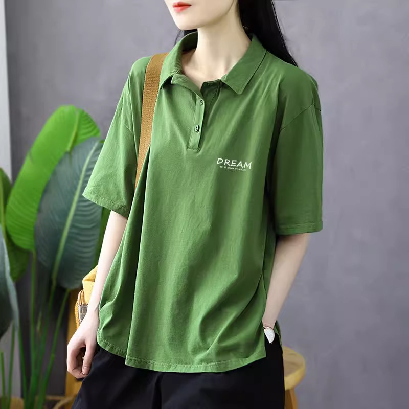纯棉体恤衫文艺宽松短袖t恤女夏2023新款大码胖妹妹百搭翻领上衣