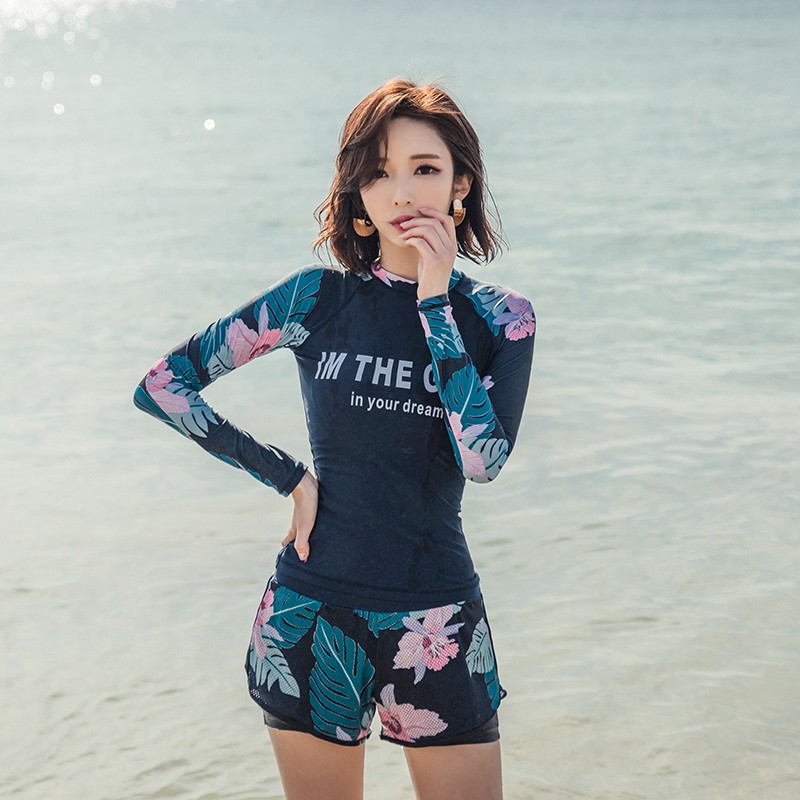 游泳衣女分体式2021新款保守女士长袖遮肚显瘦平角大码泡温泉泳装