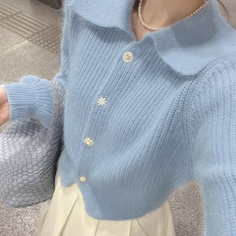 热销蓝色浣熊绒翻领毛衣外套女春秋季外穿加厚宽松慵懒风短款针织