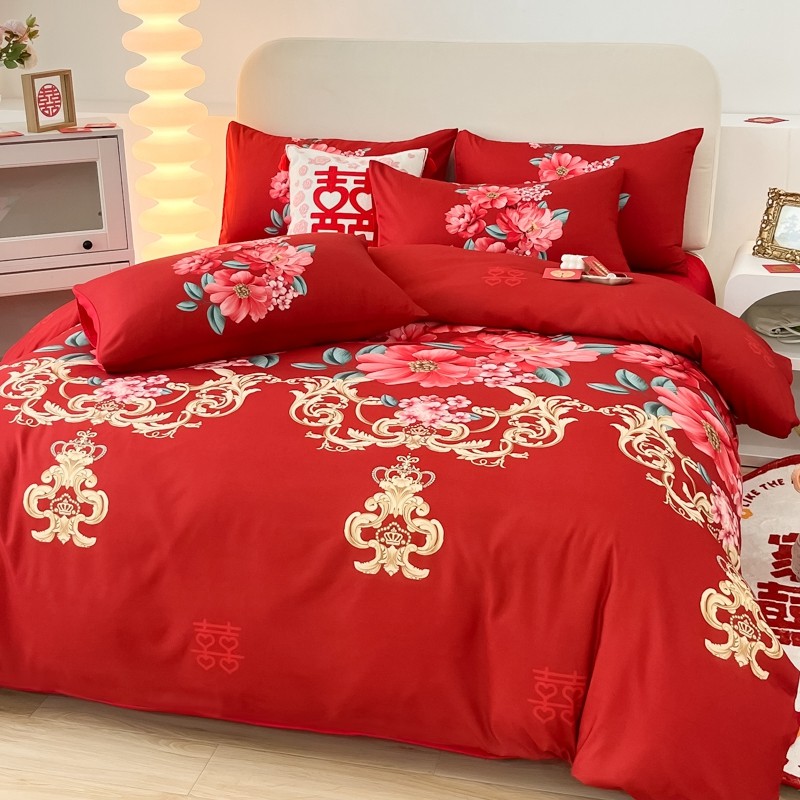 高档中式婚庆四件套大红色t纯棉床单被套全棉结婚床上用品新婚喜,床上用品,婚庆床品套件,淘宝优惠券,粉丝福利购,淘宝优惠卷