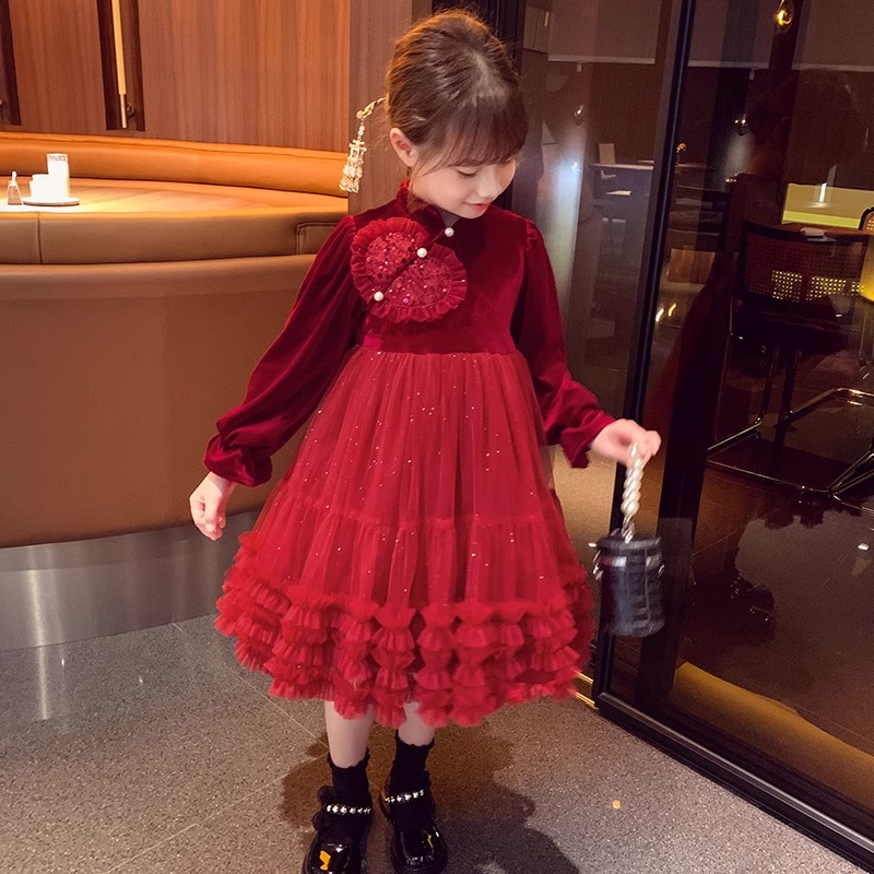 女童红色洋装秋冬2023新款洋派小女孩新年装儿童丝绒网纱公主裙