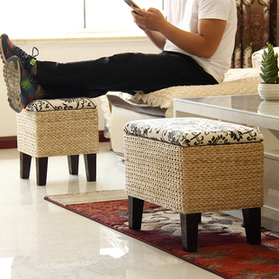草编收纳凳子储物凳家用矮凳桌边实木长方凳进门口可坐人试换鞋凳
