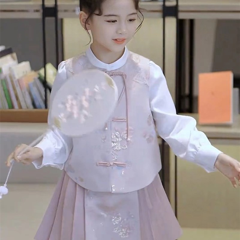 现货汉服女童马面裙套装春季新款春装国风唐装女孩大童连衣裙子三