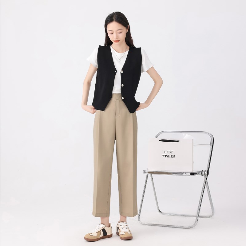 小个子TR面料西装裤女2024新款高级感职业垂感高腰阔腿直筒九分裤