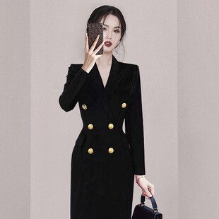 御姐风黑色西装裙女2024秋季新款修身显瘦遮肉职业气质连衣裙7741