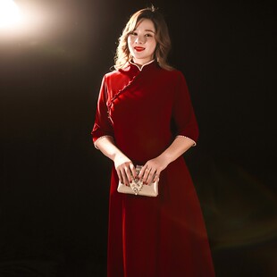 大码胖mm酒红色修身礼服平时可穿婚礼新娘敬酒服显瘦晚宴年会女冬