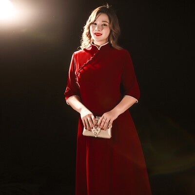 大码胖mm酒红色修身礼服平时可穿婚礼新娘敬酒服显瘦晚宴年会女冬