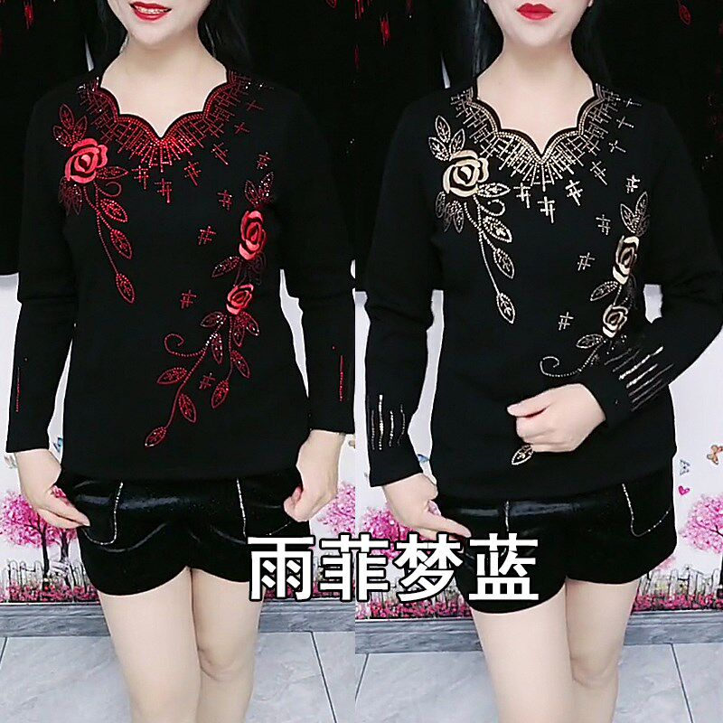 加绒加厚打底衫女秋冬季新款中老年妈E妈装V领时尚长袖保暖T恤上