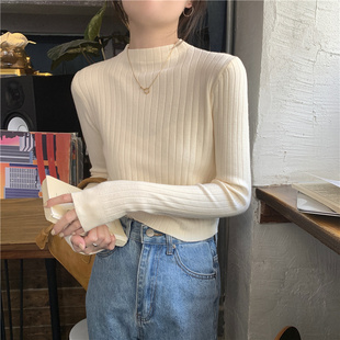 春秋冬洋派半高领修身内搭长袖打底针织衫毛衣女紧身短款小衫上衣