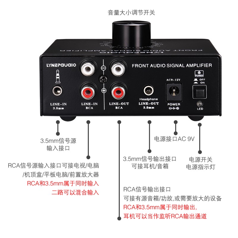 耳机音箱放大器前级立体声信号放大器带音量S控制双音源无损