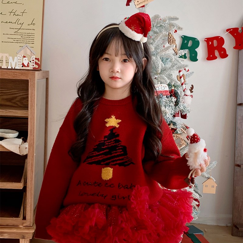 萌c童品女童毛衣k2023冬季新款加厚耶诞节针织衫宝宝红色新年上衣