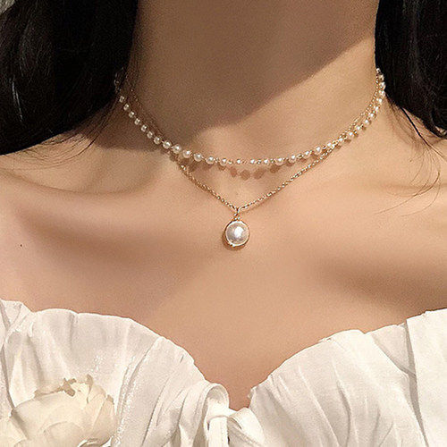 热销New Fashion Kpop Pearl Choker Necklace Cute Double Layer