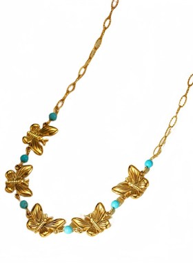 INS风时尚潮流五只蝴蝶钛钢项链z女18K镀金个性小众串珠不锈钢吊