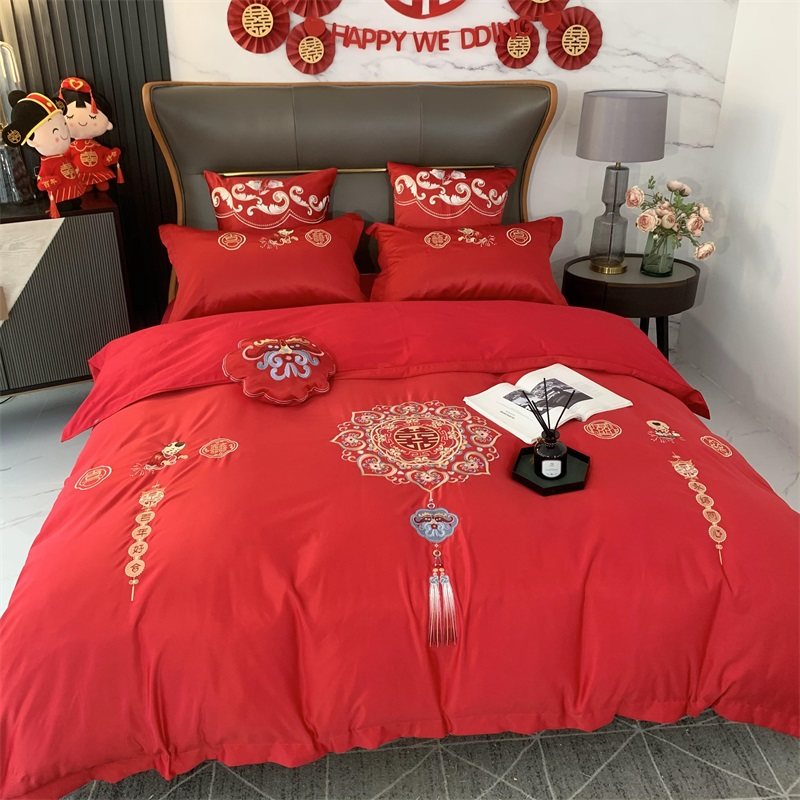 现货刺绣结婚床上用品四件套全棉婚庆大红色床单被套婚礼,床上用品,婚庆床品套件,淘宝优惠券,粉丝福利购,淘宝优惠卷