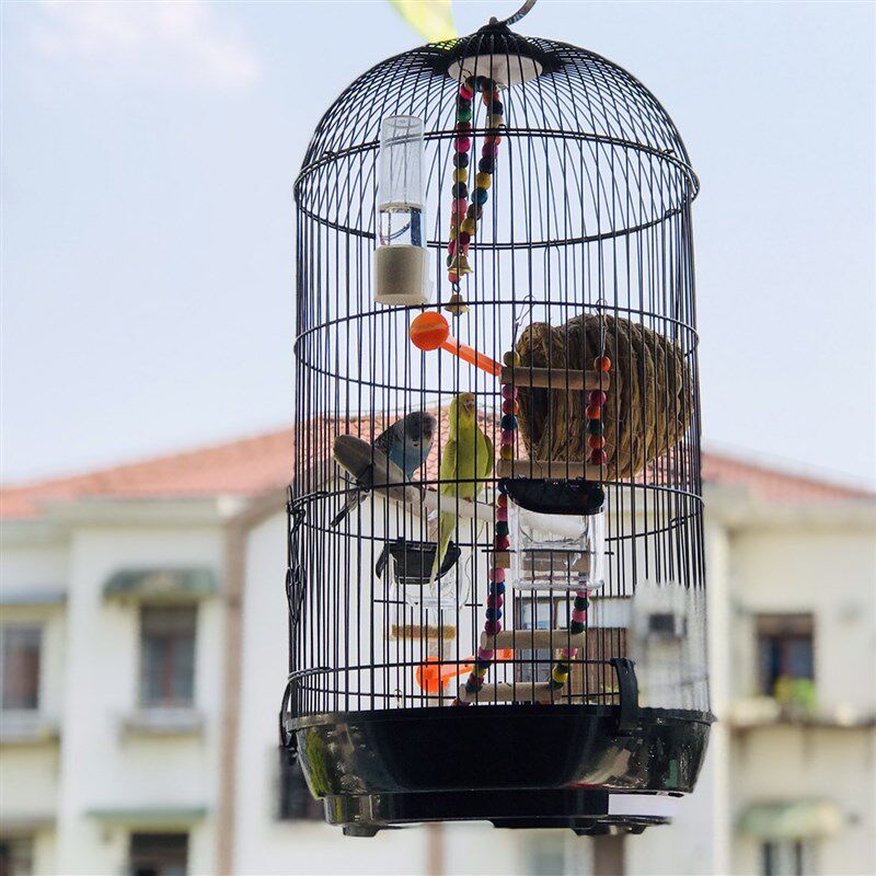 包邮黑白色大号圆形鸟笼画眉虎皮牡丹鹦鹉珍珠金属笼外挂防洒食盒