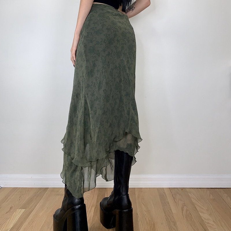 网红Fairycore Grunge Green Irregular Midi Skirts 2000s Retro