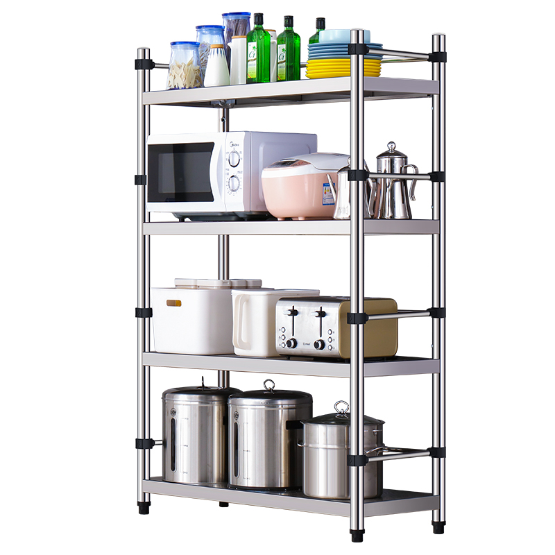 厨房置物架不锈钢带围栏家用收纳架子烤箱锅架多层落地式储物新品
