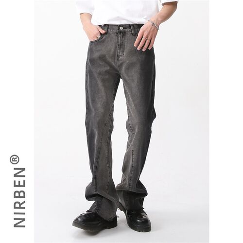 nirben牛仔|n新款男式微喇裤时尚复古松紧腰韩版渐变小喇叭裤