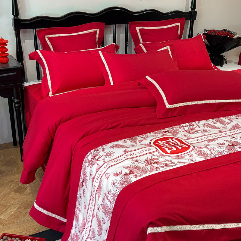 100支长绒棉结婚四件套大红色全棉陪嫁喜被套床单床上用品,床上用品,婚庆床品套件,淘宝优惠券,粉丝福利购,淘宝优惠卷